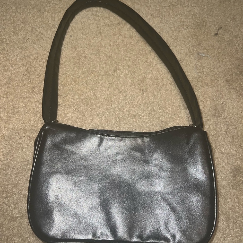 Black Leather Shoulder Bag with Glossy Finish